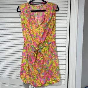 Beautiful yellow hot pink multi color silk  sleeveless draw string dress